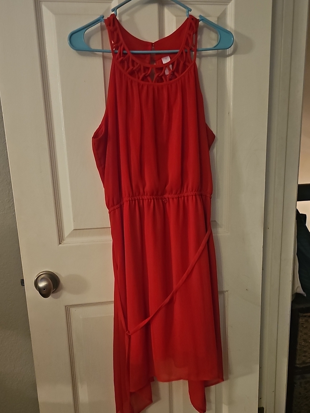Red Sleeveless Dress with Lattice Yoke